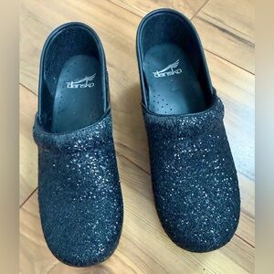 Dansko Black Glitter Clogs Size 38
